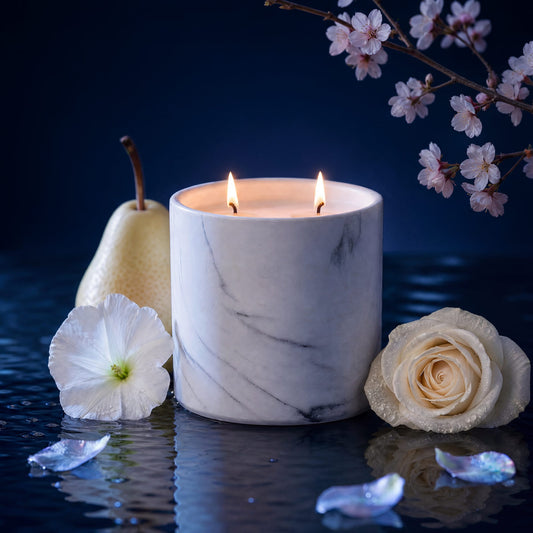 White marble candle refill in round white marble jar with two lit wicks