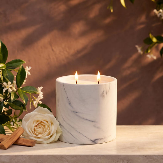 White marble-pattern candle jar with two lit wicks