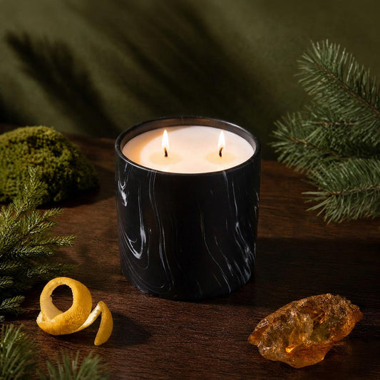 Black marbled jar candle with two flames and white wax