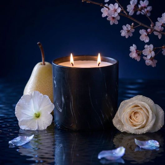 Black marble-pattern candle jar with two lit wicks reflected on glossy surface