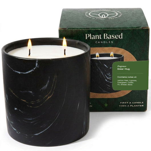 Black marbled jar candle with flames and plant-based candle gift box.