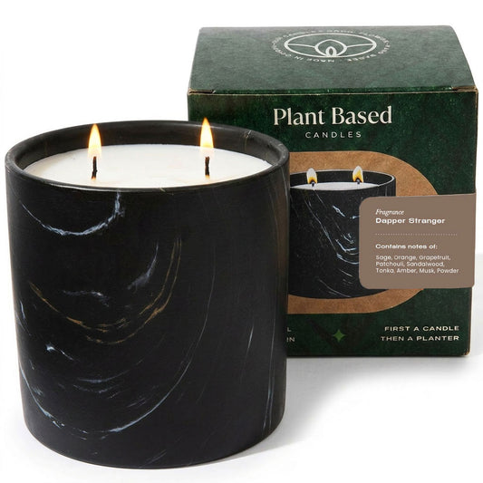 Black Marquina plant-based candle in black stone-effect jar, white wax with two flames