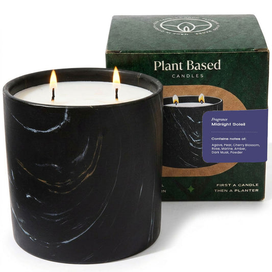 Midnight Soleil Black Marquina candle in black marble-pattern jar, white wax, two flames