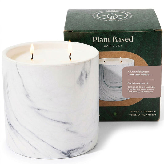 Marble-pattern jar candle with two flames, white wax, plant-based candle