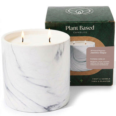 Marble-pattern jar candle with two flames, white wax, plant-based candle