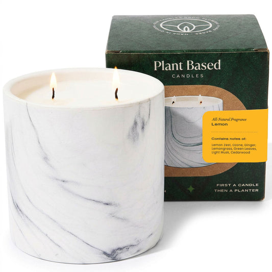 White marble-pattern candle jar with two flames, plant-based, 17 oz.