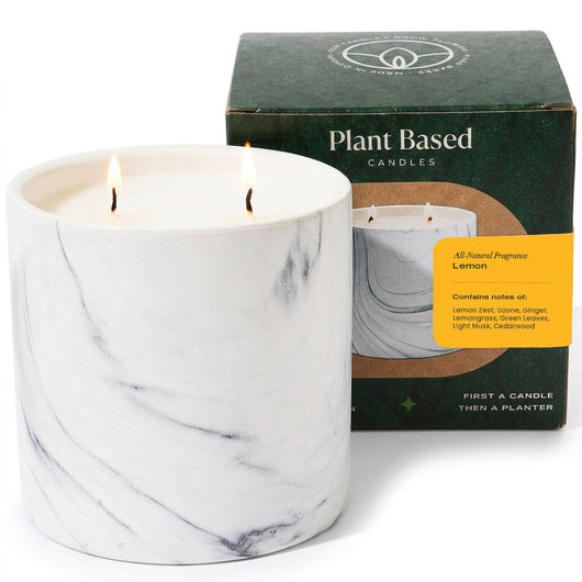White marble-pattern candle jar with two flames, plant-based, 17 oz.