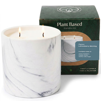 Marble-pattern plant-based candle jar with two wicks and white finish
