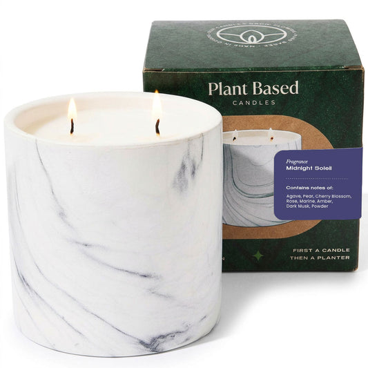 White marble-pattern jar candle with two flames, plant-based, 17 oz.