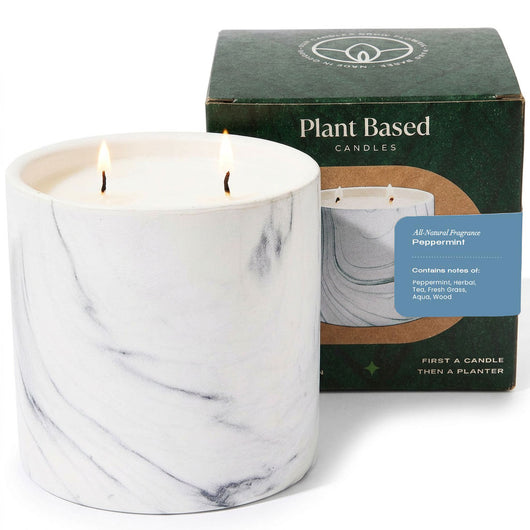 White marble-style soy candle with two flames, plant-based box behind