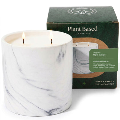 White marble scented candle jar with two flames, plant-based candle