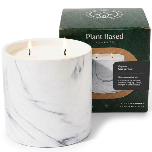 Unscented white marble candle with two flames, in jar beside Plant Based box