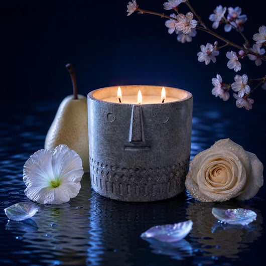 Stone Face candle in blue-gray stone-look jar, three visible flames, face motif front