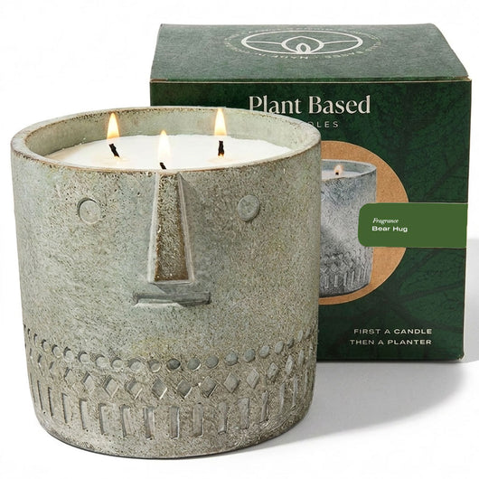 Gray stone face candle with three flames, with Plant Based candles gift box
