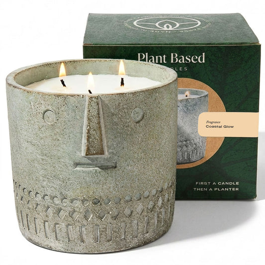 Gray stone-face scented candle with four wicks in textured cylinder container