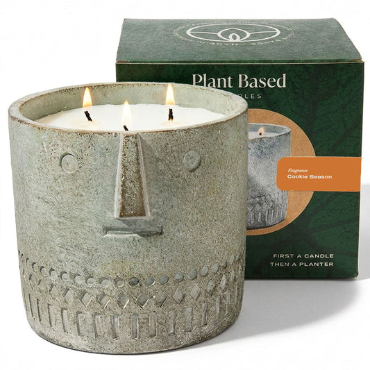 Gray stone-texture soy candle jar with four flames; includes matching gift box