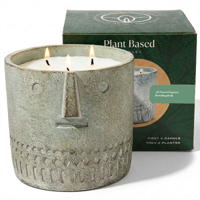 Eucalyptus stone face candle, gray concrete-look jar with four wicks and gift box