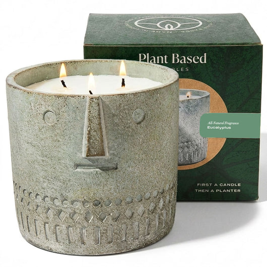 Eucalyptus stone face candle, gray concrete-look jar with four wicks and gift box