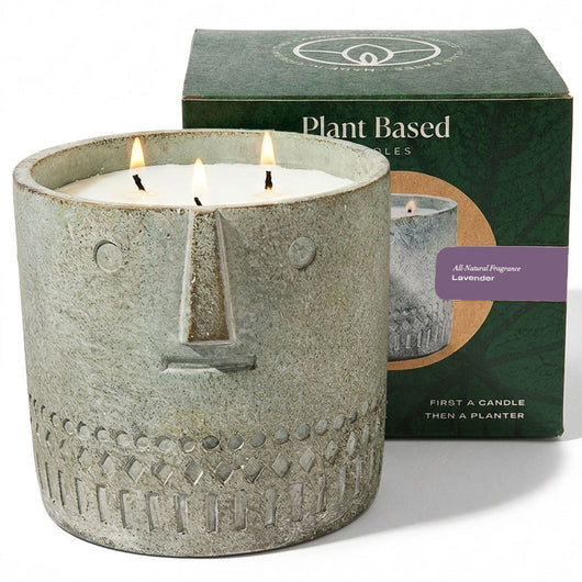 Stone-look lavender face candle, grey cylindrical jar with three burning wicks