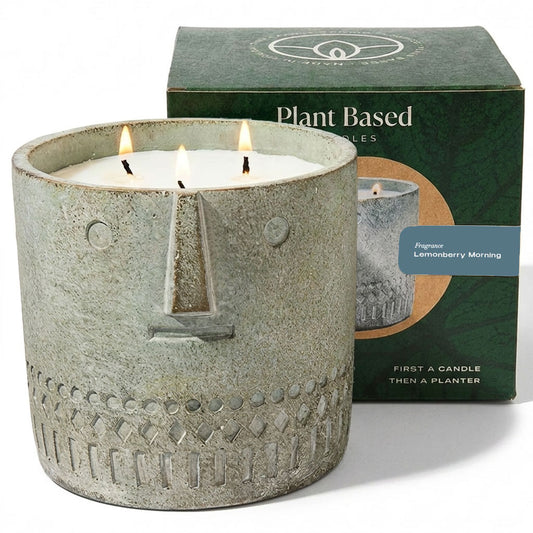 Stone face candle in speckled gray jar with flames, Plant Based Loves box behind