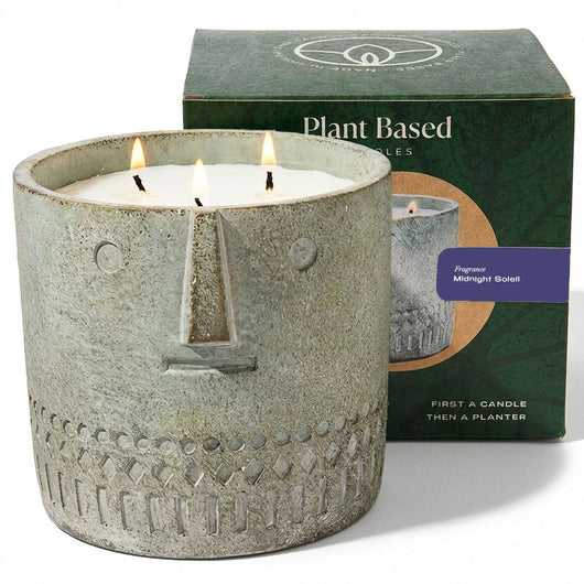 Stone Face candle in speckled gray stone-look jar, four flames, embossed pattern