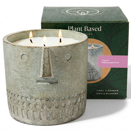 Gray textured stone-style jar candle with four wicks and concrete-style lid, 27oz