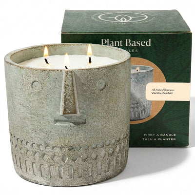 Gray stone-face candle, textured pattern, 4 flames