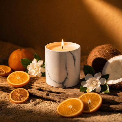 White marble-pattern candle refill with lit wick, gray veining on white container