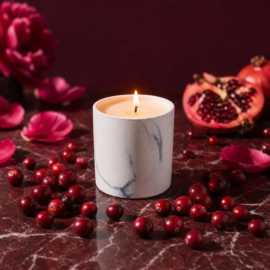White marble-pattern candle refill with lit wick, gray swirls on white container