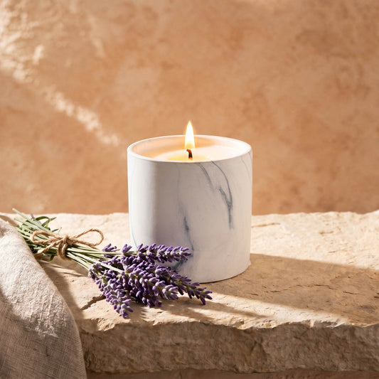 Lit white marble-style candle in a glass jar with lavender sprigs on stone