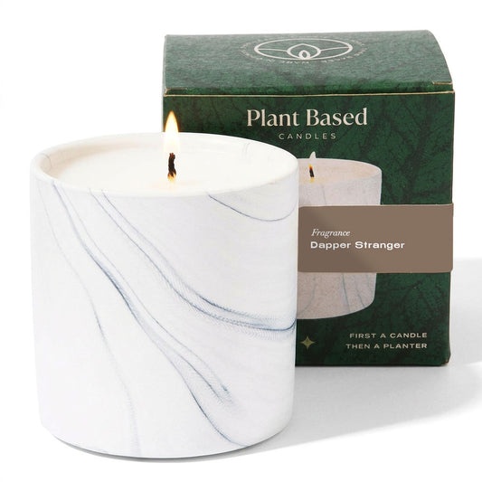 Dapper Stranger plant-based candle in white marble cylinder, with box