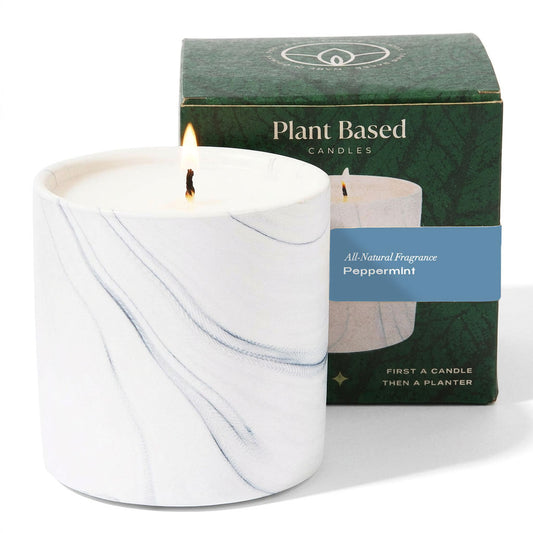 Marble white scented candle in glass jar with gray veining, with plant-based gift box