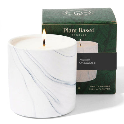 Unscented white marble candle in white jar with blue-gray marbling, lit