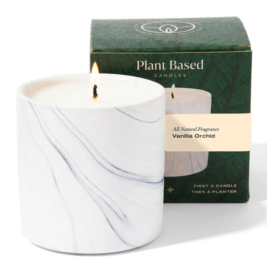 White marble soy candle with small flame, in teal Plant Based gift box