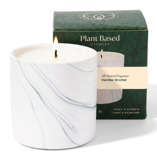 White marble soy candle with small flame, in teal Plant Based gift box