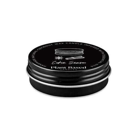 Cookie Season tealight candle in black tin with label on closed lid