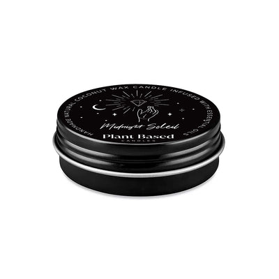 Midnight Soleil tealight candle in black tin, round stacked lids