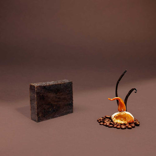 Chocolate Colored Organic Soap with Blissful Bean Fragrance - Infused with essential oils, natural soap, handmade soap, vegan soap, cruelty-free soap, RSPO soap, palm oil soap, coconut oil soap, olive oil soap, sunflower oil soap, plant-based soap, mineral soap, plant pigment soap, eco-friendly soap, sustainable soap, biodegradable soap, plastic-free soap, zero waste soap, fragrance-free soap, sensitive skin soap, gentle soap, moisturizing soap.