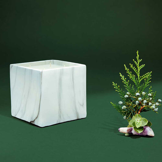 Marble Cement Cube Candle with Ripe Juniper Fragrance - Organic candles, coconut wax candles, hemp wick candles, sustainable candles, eco-friendly candles, refillable candles, recyclable packaging, reforestation efforts, carbon offsetting, plant-based candles, sustainable living, green living, ethical candles, natural candles, vegan candles, non-toxic candles, phthalate-free candles, toxin-free candles, essential oil candles, hand-poured candles, small batch candles, made in the USA candles